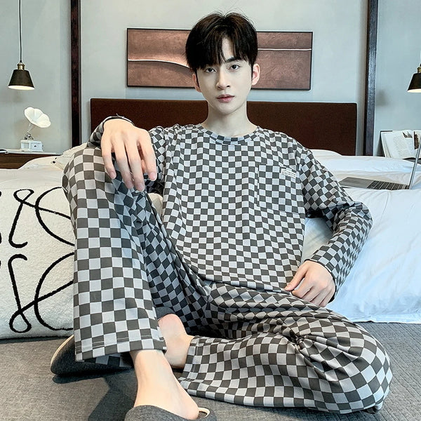 2 Pieces Set Men's Autumn Cotton Pajamas Set Long Sleeping Tops Pants Sleepwear Male Casual Nightwear Pijama pyjama night cloth