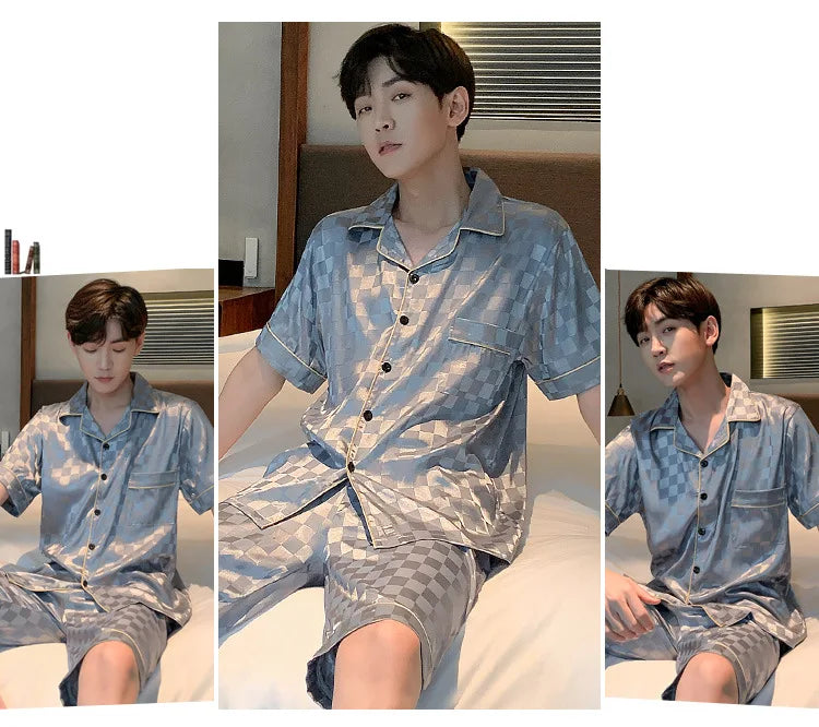 Pajamas Men Summer Short Sleeved Ice Silk Thin Breathable Homewear Set Male Sleep Cloth Suit Gentlemen Satin Nightwear Youth Boy