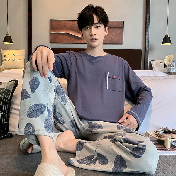 2 Pieces Set Men's Autumn Cotton Pajamas Set Long Sleeping Tops Pants Sleepwear Male Casual Nightwear Pijama pyjama night cloth