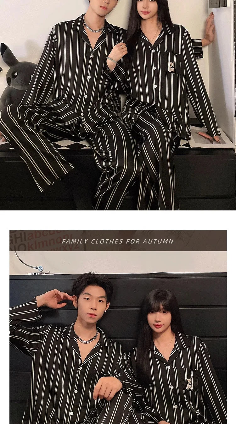 Couple Pajamas Suit Spring Long Sleeve Long Pant Home Cloth Men Ice Silk Thin Large Size Sleepwear Set Women Cardigan Sleepwear