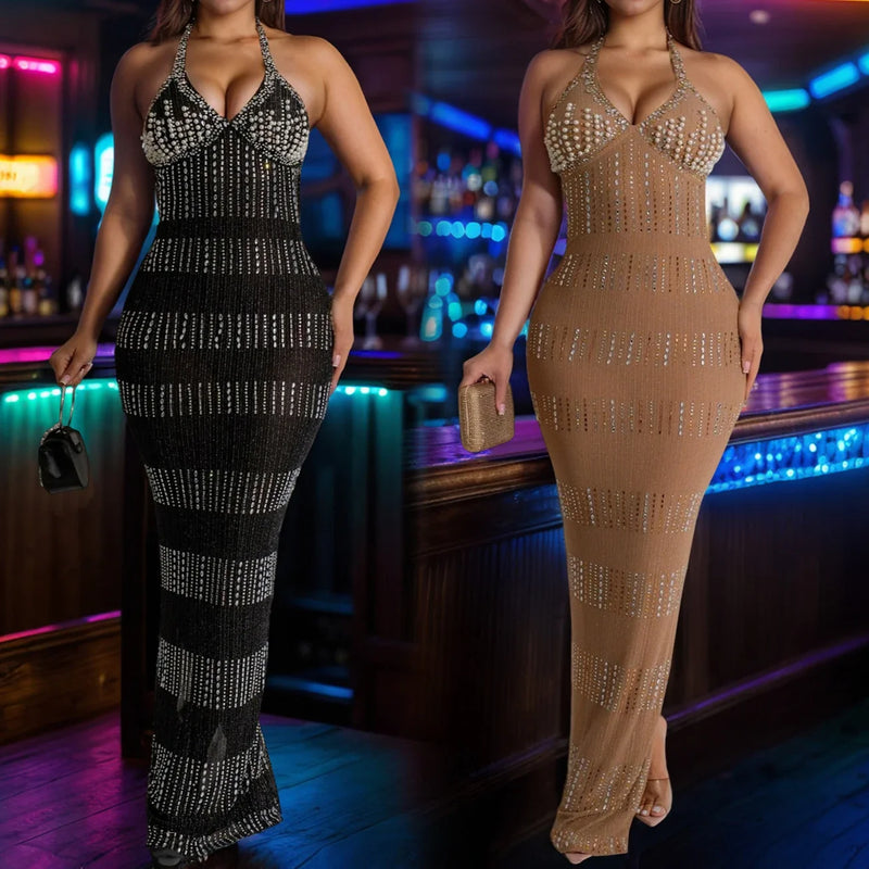 Womens Diamonds Dresses Halter Backless Christmas Ready Long Elegant Party Dresses Woman Cocktail Prom Evening Dresses Xiny682