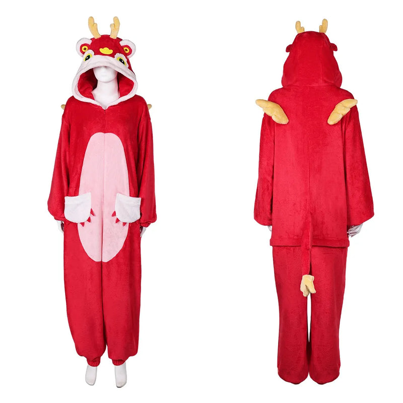 Adult Zodiac Dragon Cosplay Warm Flannel Nightwear Chinese Spring Festival Disguise Women Men Winter Pajamas Homewear Costume