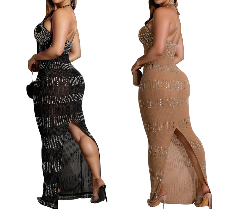 Womens Diamonds Dresses Halter Backless Christmas Ready Long Elegant Party Dresses Woman Cocktail Prom Evening Dresses Xiny682