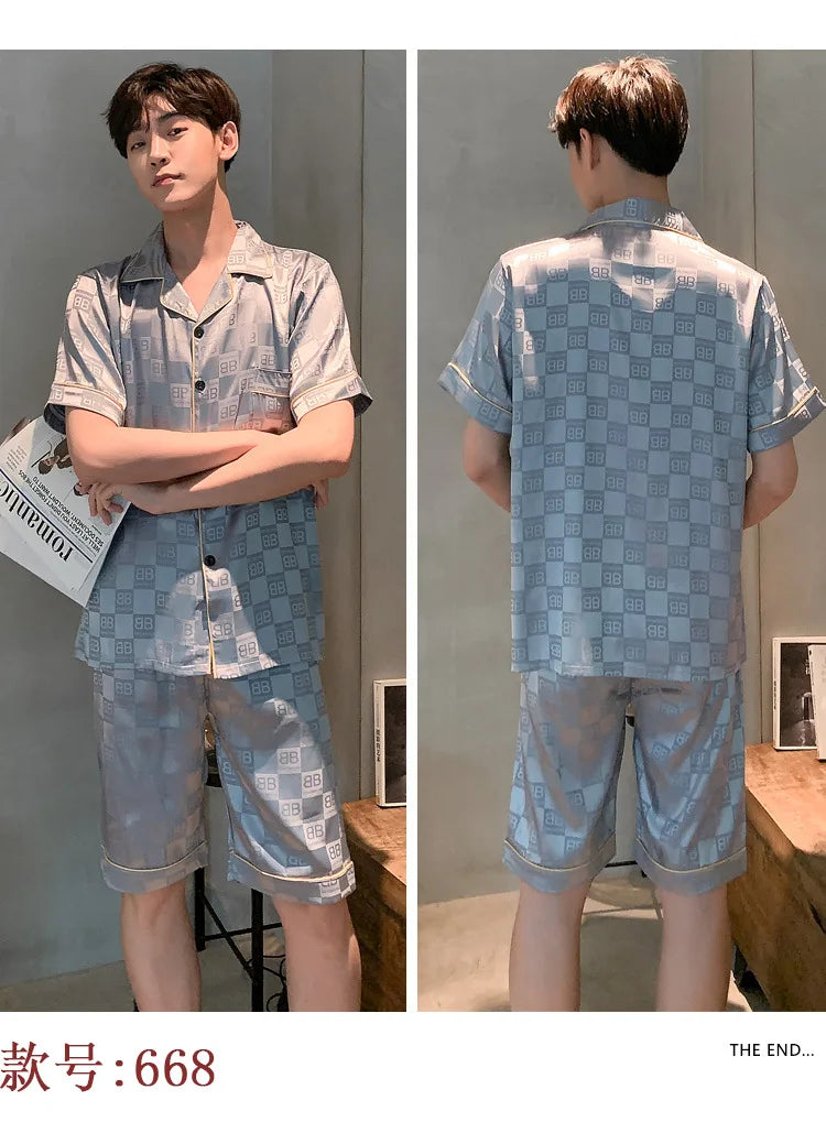 Pajamas Men Summer Short Sleeved Ice Silk Thin Breathable Homewear Set Male Sleep Cloth Suit Gentlemen Satin Nightwear Youth Boy