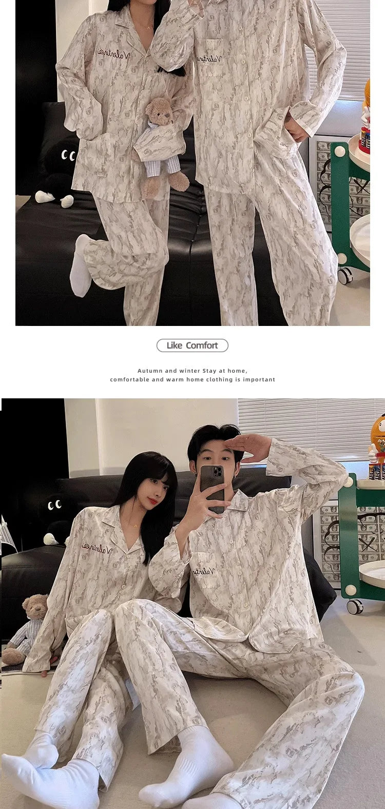 Couple Pajamas Suit Spring Long Sleeve Long Pant Home Cloth Men Ice Silk Thin Large Size Sleepwear Set Women Cardigan Sleepwear