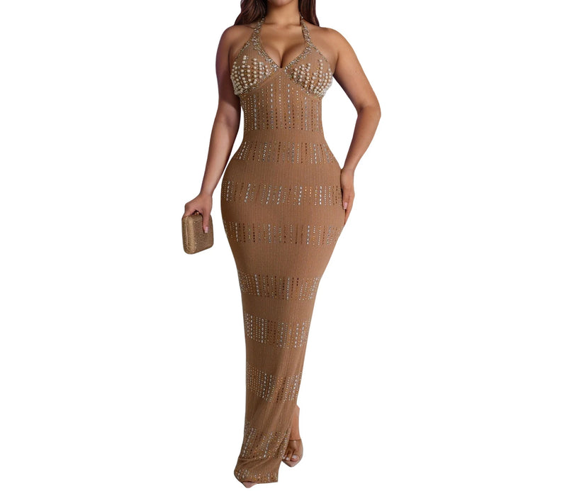 Womens Diamonds Dresses Halter Backless Christmas Ready Long Elegant Party Dresses Woman Cocktail Prom Evening Dresses Xiny682