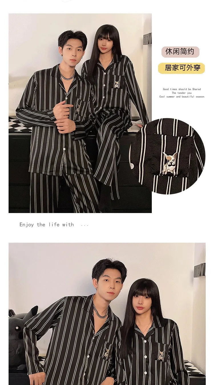 Couple Pajamas Suit Spring Long Sleeve Long Pant Home Cloth Men Ice Silk Thin Large Size Sleepwear Set Women Cardigan Sleepwear