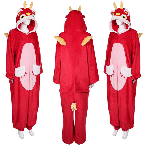 Adult Zodiac Dragon Cosplay Warm Flannel Nightwear Chinese Spring Festival Disguise Women Men Winter Pajamas Homewear Costume