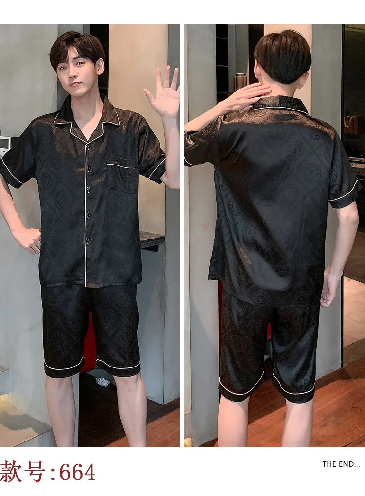 Pajamas Men Summer Short Sleeved Ice Silk Thin Breathable Homewear Set Male Sleep Cloth Suit Gentlemen Satin Nightwear Youth Boy