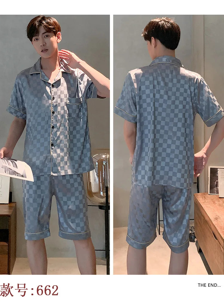 Pajamas Men Summer Short Sleeved Ice Silk Thin Breathable Homewear Set Male Sleep Cloth Suit Gentlemen Satin Nightwear Youth Boy