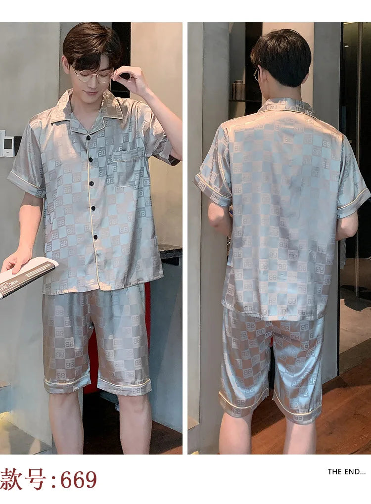 Pajamas Men Summer Short Sleeved Ice Silk Thin Breathable Homewear Set Male Sleep Cloth Suit Gentlemen Satin Nightwear Youth Boy