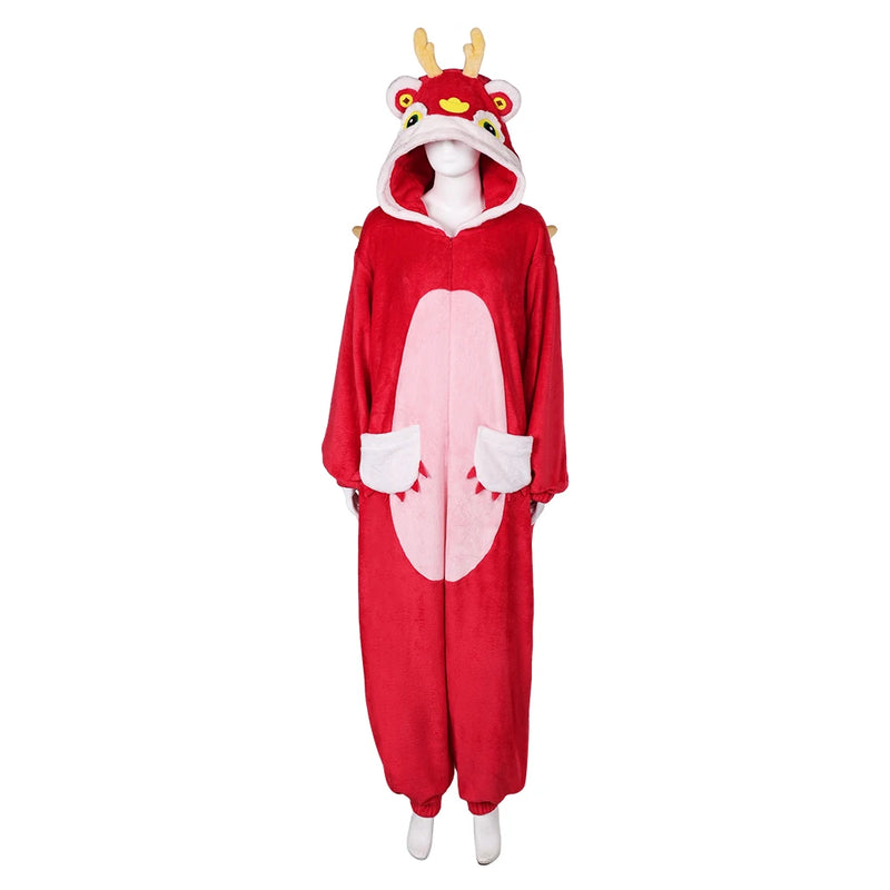 Adult Zodiac Dragon Cosplay Warm Flannel Nightwear Chinese Spring Festival Disguise Women Men Winter Pajamas Homewear Costume