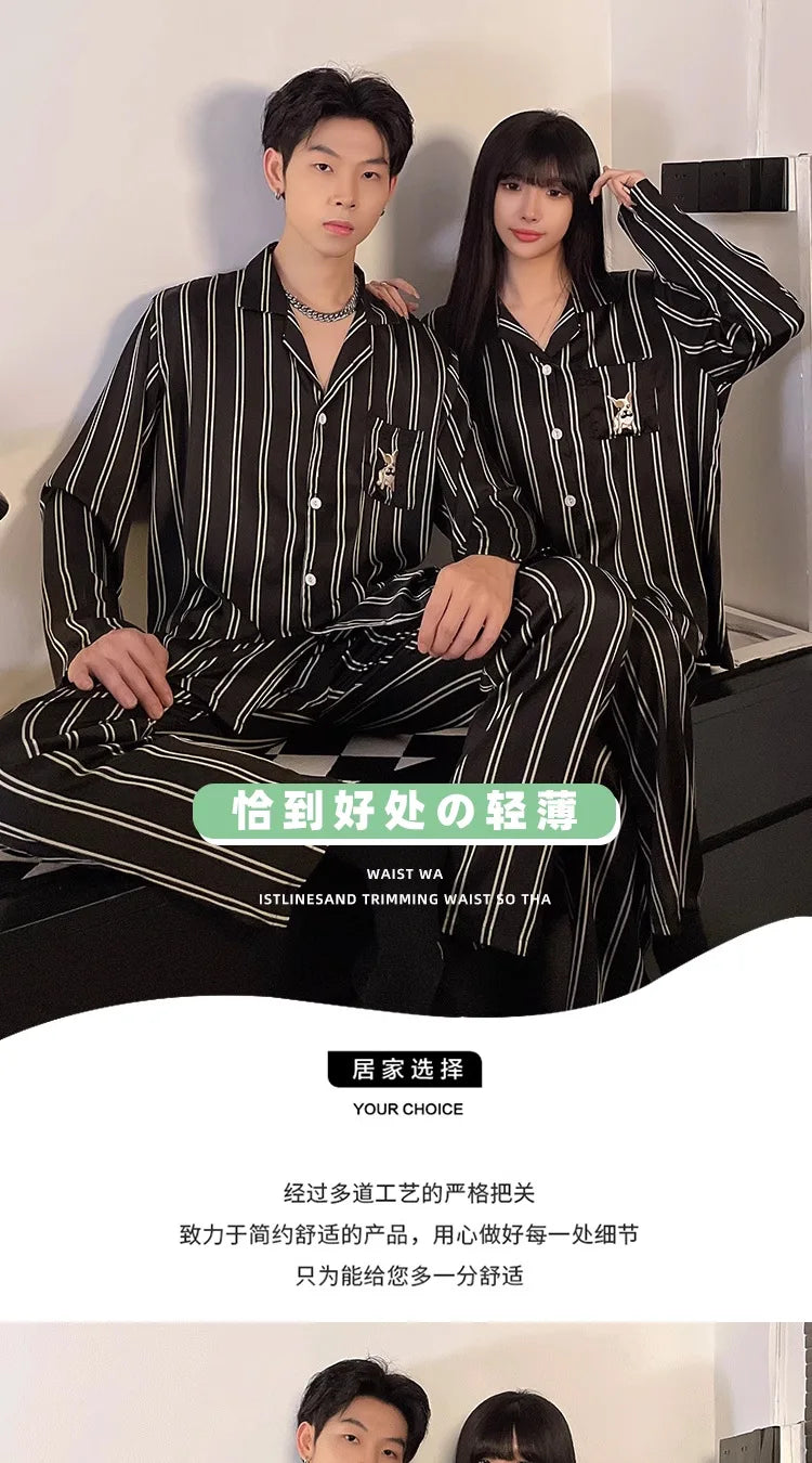 Couple Pajamas Suit Spring Long Sleeve Long Pant Home Cloth Men Ice Silk Thin Large Size Sleepwear Set Women Cardigan Sleepwear