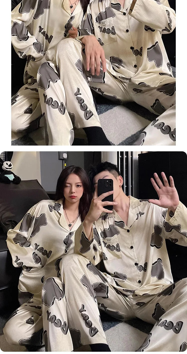 Couple Pajamas Suit Spring Long Sleeve Long Pant Home Cloth Men Ice Silk Thin Large Size Sleepwear Set Women Cardigan Sleepwear