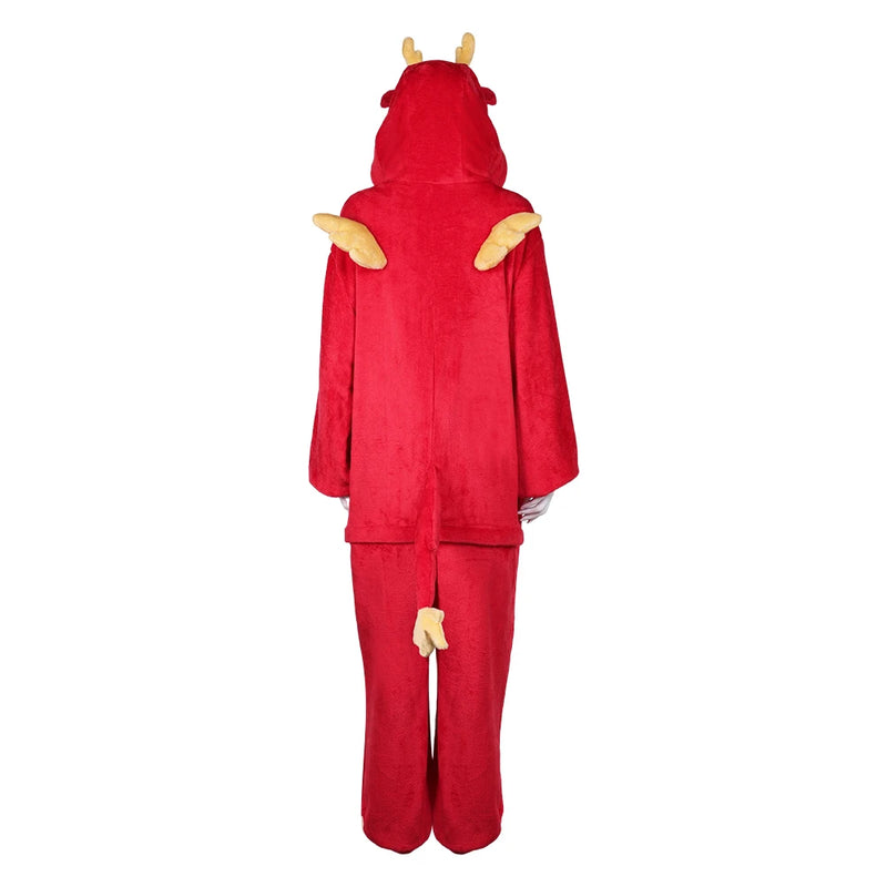 Adult Zodiac Dragon Cosplay Warm Flannel Nightwear Chinese Spring Festival Disguise Women Men Winter Pajamas Homewear Costume
