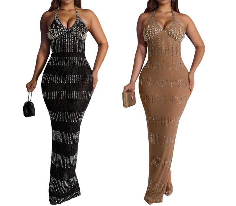 Womens Diamonds Dresses Halter Backless Christmas Ready Long Elegant Party Dresses Woman Cocktail Prom Evening Dresses Xiny682