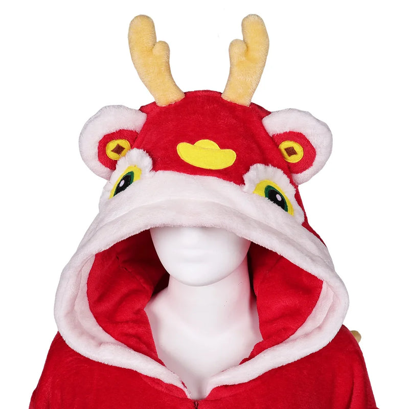 Adult Zodiac Dragon Cosplay Warm Flannel Nightwear Chinese Spring Festival Disguise Women Men Winter Pajamas Homewear Costume