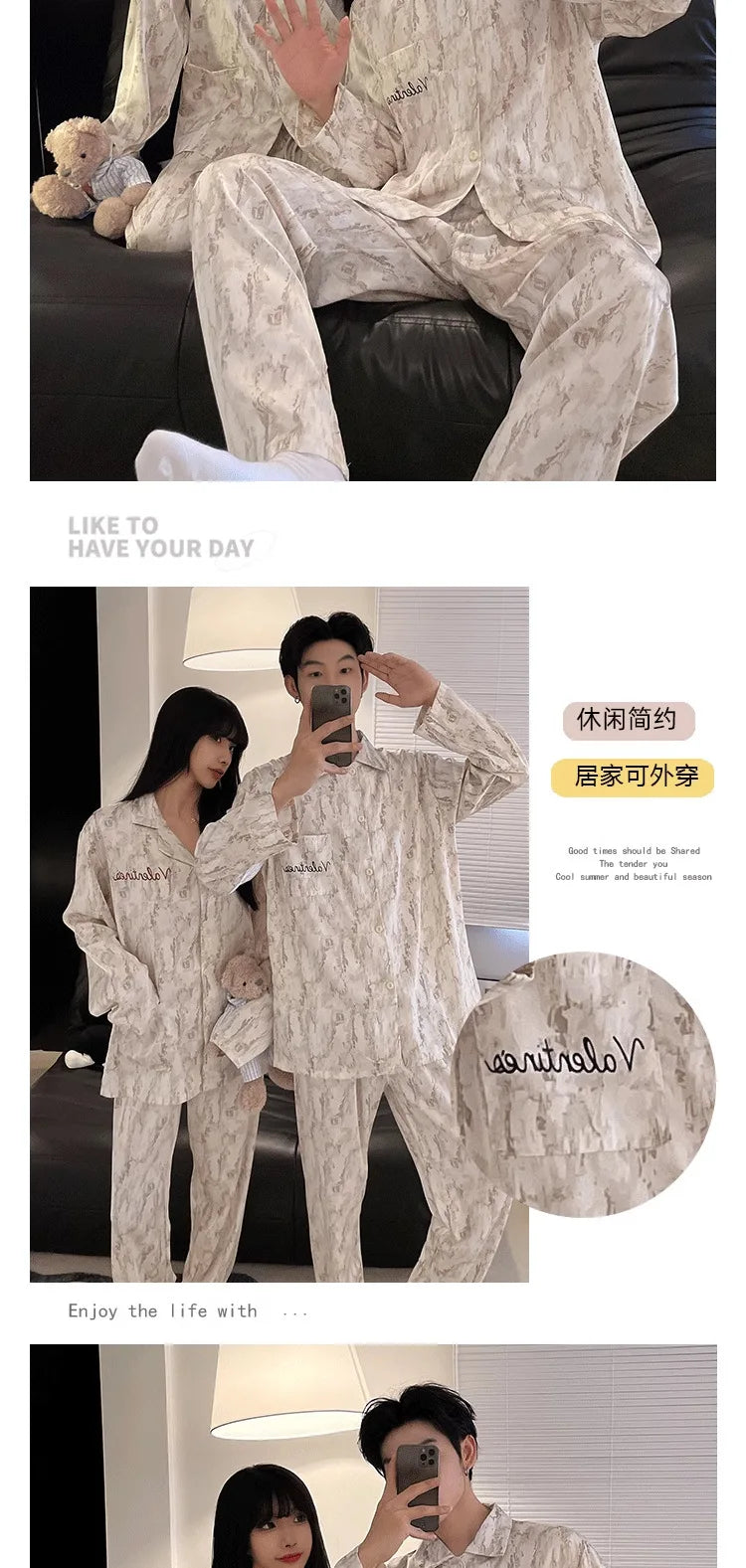 Couple Pajamas Suit Spring Long Sleeve Long Pant Home Cloth Men Ice Silk Thin Large Size Sleepwear Set Women Cardigan Sleepwear