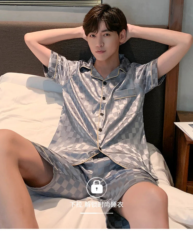 Pajamas Men Summer Short Sleeved Ice Silk Thin Breathable Homewear Set Male Sleep Cloth Suit Gentlemen Satin Nightwear Youth Boy