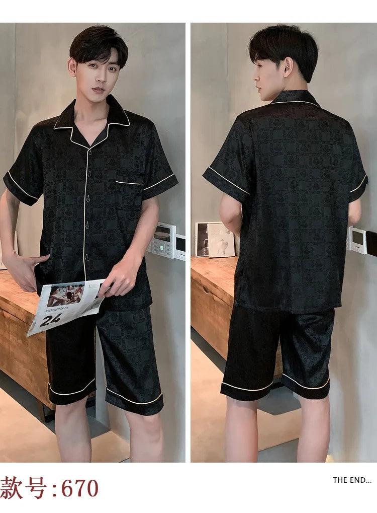 Pajamas Men Summer Short Sleeved Ice Silk Thin Breathable Homewear Set Male Sleep Cloth Suit Gentlemen Satin Nightwear Youth Boy