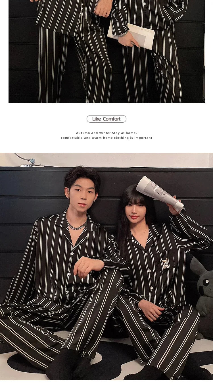 Couple Pajamas Suit Spring Long Sleeve Long Pant Home Cloth Men Ice Silk Thin Large Size Sleepwear Set Women Cardigan Sleepwear