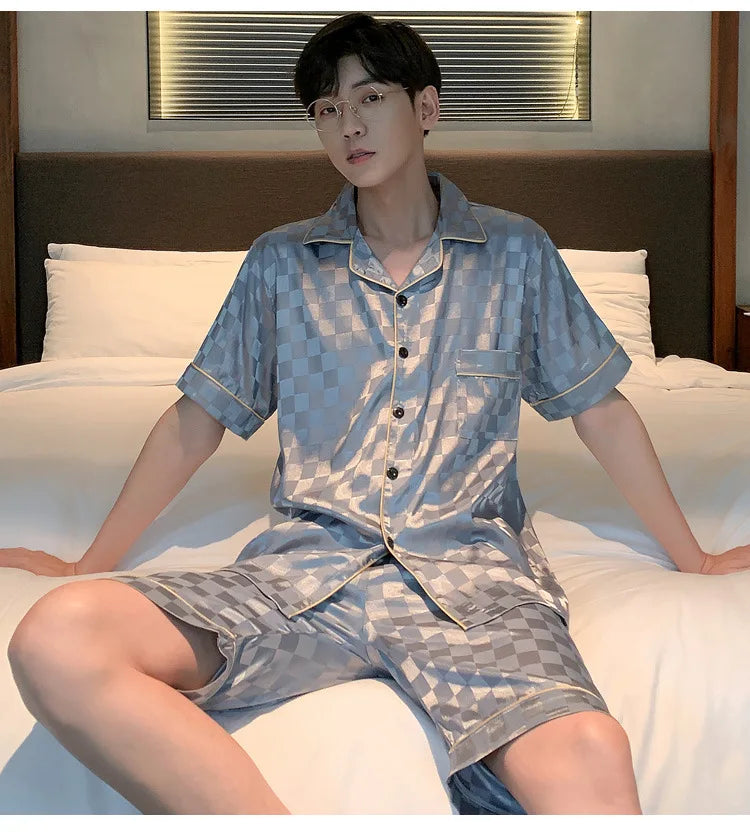 Pajamas Men Summer Short Sleeved Ice Silk Thin Breathable Homewear Set Male Sleep Cloth Suit Gentlemen Satin Nightwear Youth Boy