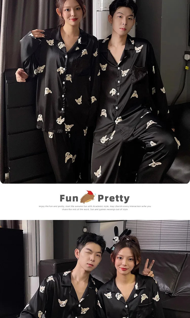 Couple Pajamas Suit Spring Long Sleeve Long Pant Home Cloth Men Ice Silk Thin Large Size Sleepwear Set Women Cardigan Sleepwear