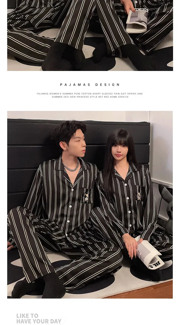 Couple Pajamas Suit Spring Long Sleeve Long Pant Home Cloth Men Ice Silk Thin Large Size Sleepwear Set Women Cardigan Sleepwear