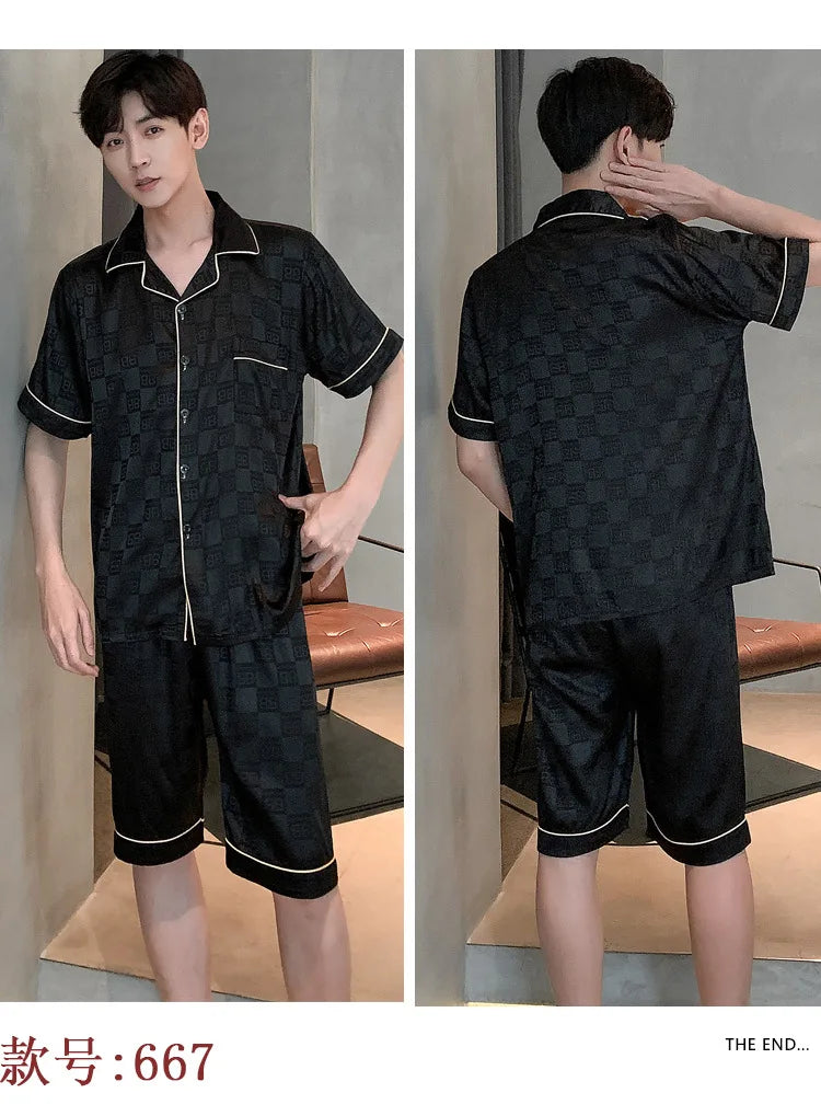 Pajamas Men Summer Short Sleeved Ice Silk Thin Breathable Homewear Set Male Sleep Cloth Suit Gentlemen Satin Nightwear Youth Boy