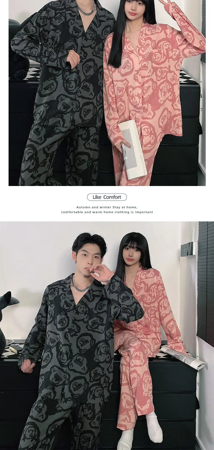 Couple Pajamas Suit Spring Long Sleeve Long Pant Home Cloth Men Ice Silk Thin Large Size Sleepwear Set Women Cardigan Sleepwear