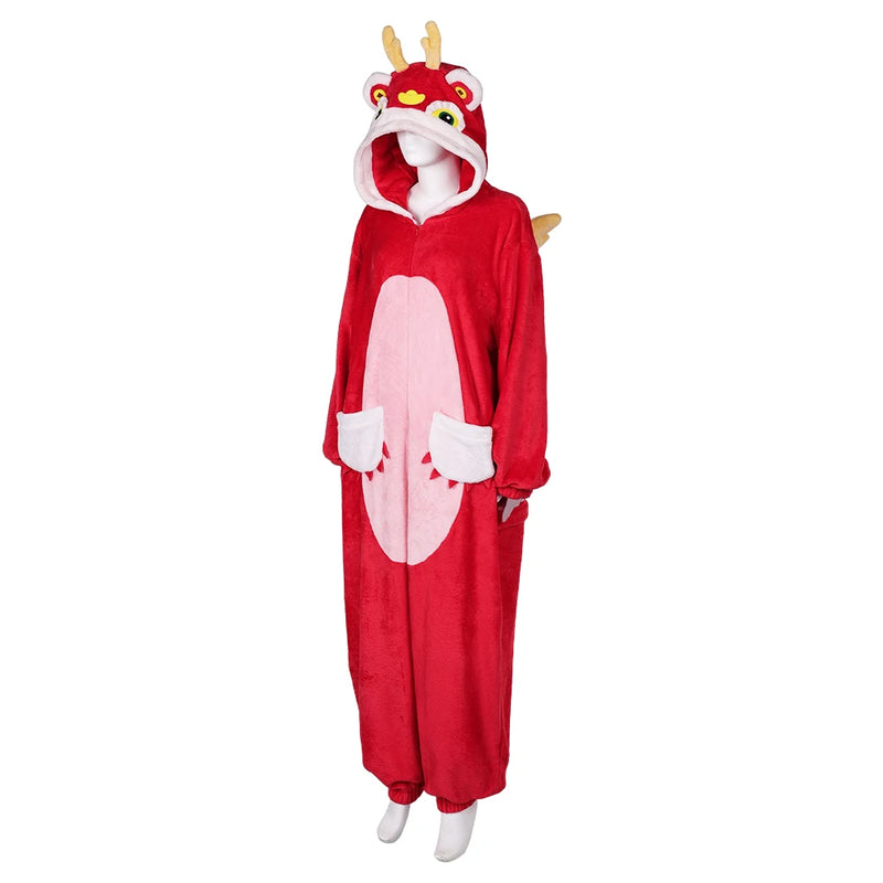 Adult Zodiac Dragon Cosplay Warm Flannel Nightwear Chinese Spring Festival Disguise Women Men Winter Pajamas Homewear Costume
