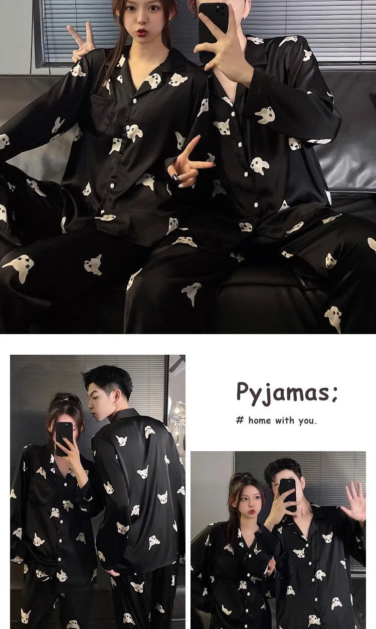 Couple Pajamas Suit Spring Long Sleeve Long Pant Home Cloth Men Ice Silk Thin Large Size Sleepwear Set Women Cardigan Sleepwear