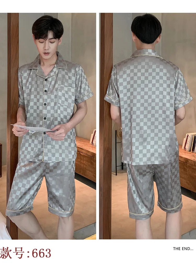 Pajamas Men Summer Short Sleeved Ice Silk Thin Breathable Homewear Set Male Sleep Cloth Suit Gentlemen Satin Nightwear Youth Boy