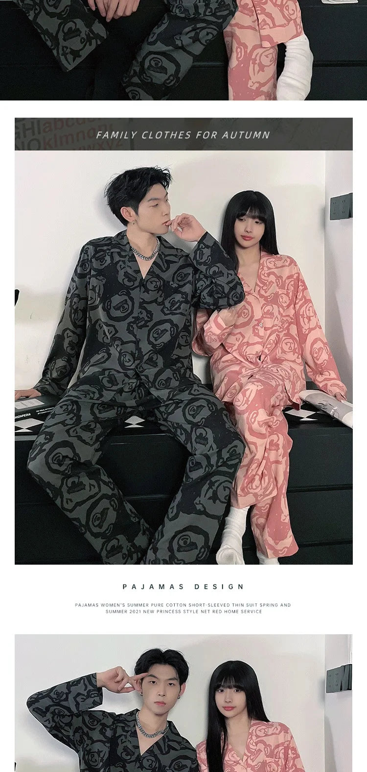 Couple Pajamas Suit Spring Long Sleeve Long Pant Home Cloth Men Ice Silk Thin Large Size Sleepwear Set Women Cardigan Sleepwear