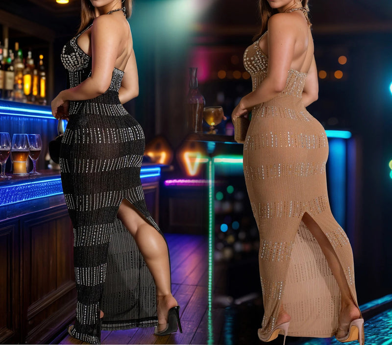 Womens Diamonds Dresses Halter Backless Christmas Ready Long Elegant Party Dresses Woman Cocktail Prom Evening Dresses Xiny682