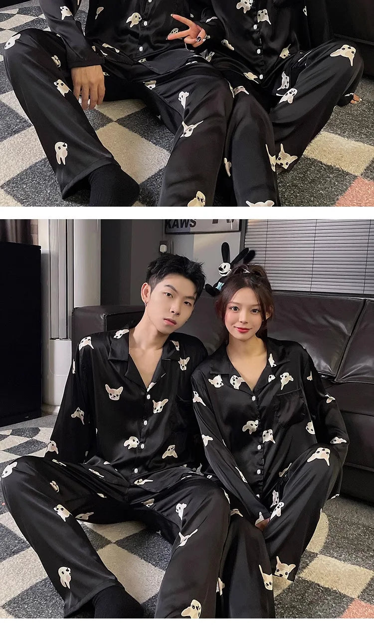 Couple Pajamas Suit Spring Long Sleeve Long Pant Home Cloth Men Ice Silk Thin Large Size Sleepwear Set Women Cardigan Sleepwear