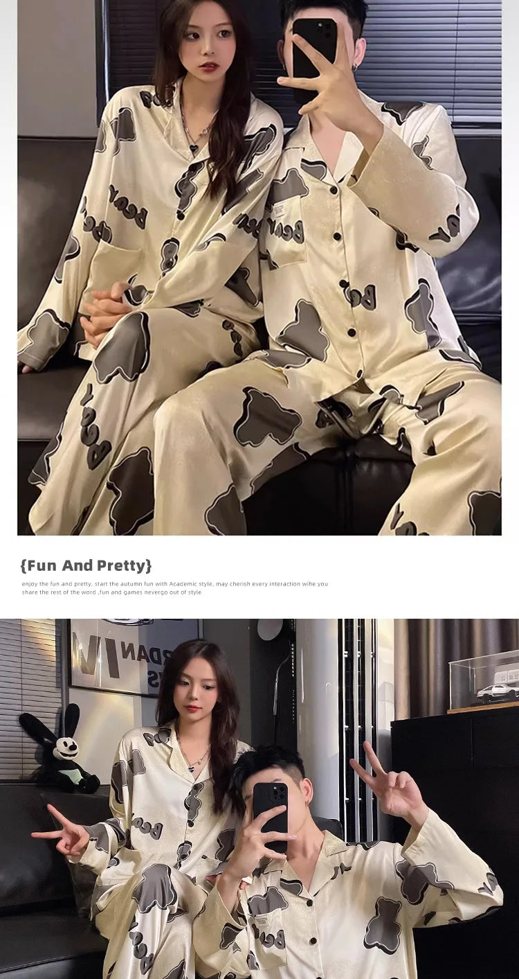 Couple Pajamas Suit Spring Long Sleeve Long Pant Home Cloth Men Ice Silk Thin Large Size Sleepwear Set Women Cardigan Sleepwear