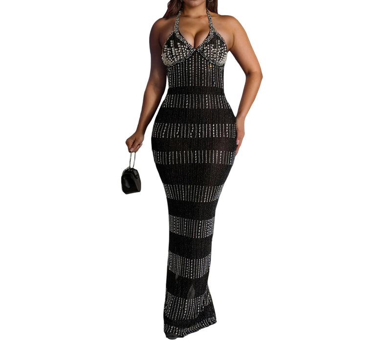 Womens Diamonds Dresses Halter Backless Christmas Ready Long Elegant Party Dresses Woman Cocktail Prom Evening Dresses Xiny682