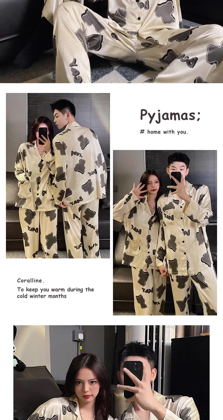 Couple Pajamas Suit Spring Long Sleeve Long Pant Home Cloth Men Ice Silk Thin Large Size Sleepwear Set Women Cardigan Sleepwear