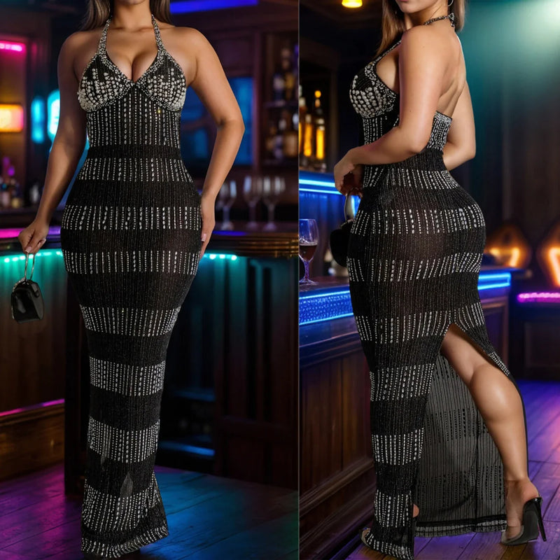 Womens Diamonds Dresses Halter Backless Christmas Ready Long Elegant Party Dresses Woman Cocktail Prom Evening Dresses Xiny682