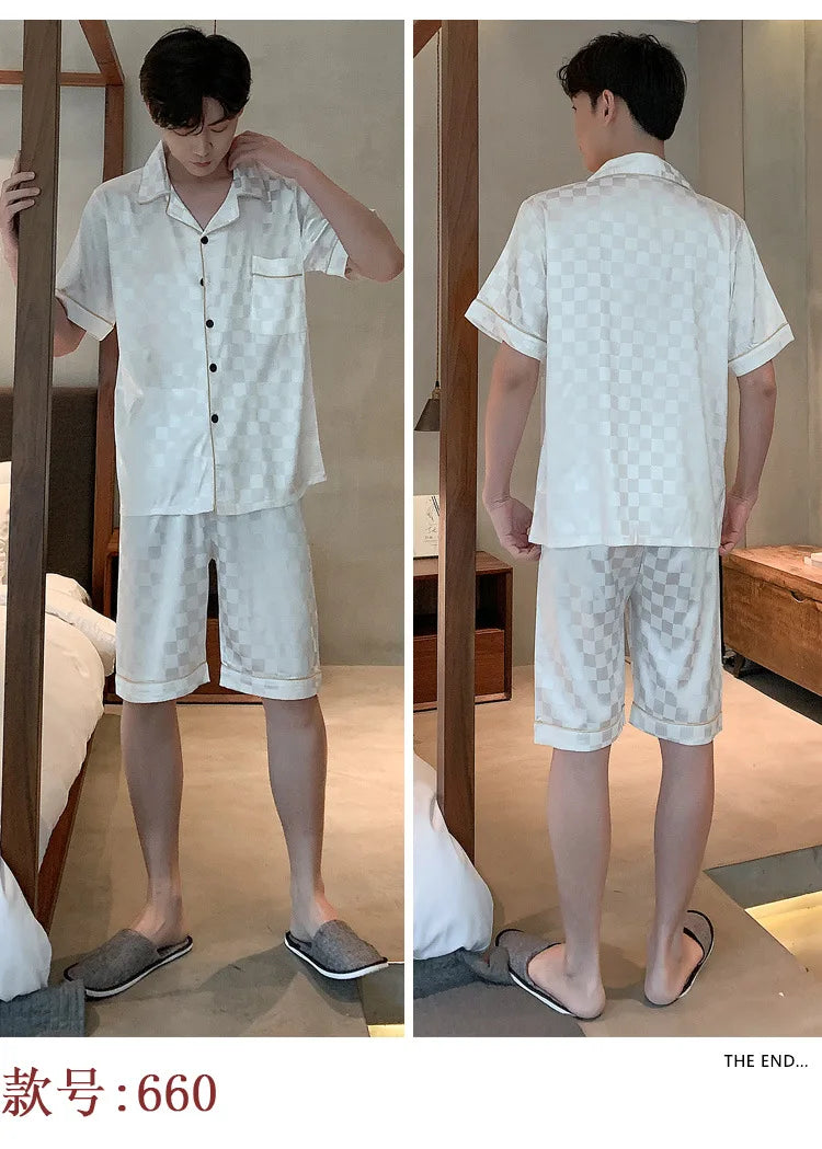Pajamas Men Summer Short Sleeved Ice Silk Thin Breathable Homewear Set Male Sleep Cloth Suit Gentlemen Satin Nightwear Youth Boy