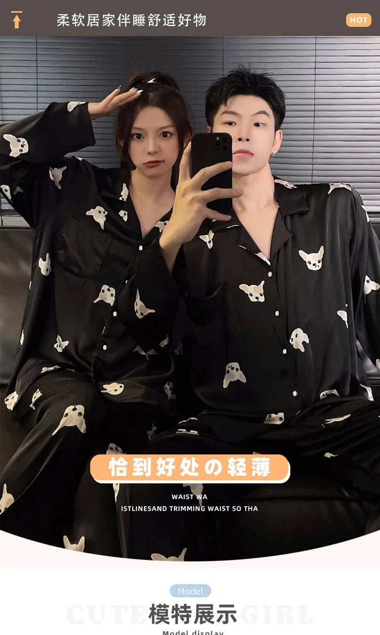 Couple Pajamas Suit Spring Long Sleeve Long Pant Home Cloth Men Ice Silk Thin Large Size Sleepwear Set Women Cardigan Sleepwear