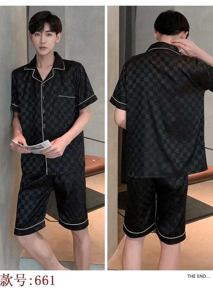 Pajamas Men Summer Short Sleeved Ice Silk Thin Breathable Homewear Set Male Sleep Cloth Suit Gentlemen Satin Nightwear Youth Boy