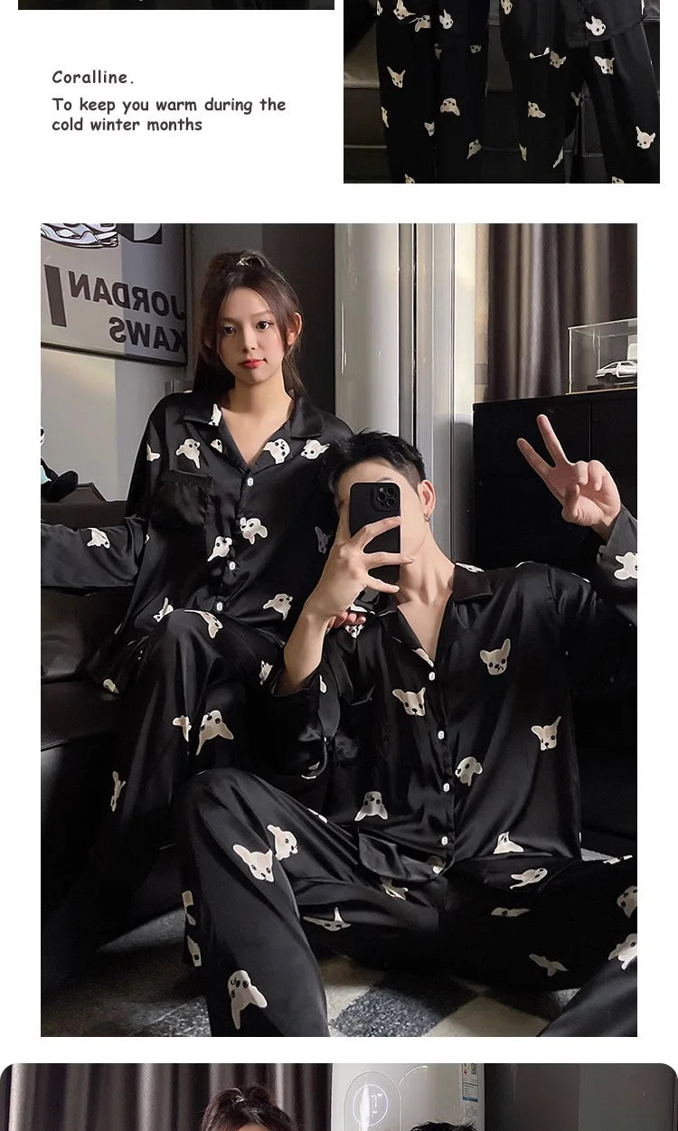 Couple Pajamas Suit Spring Long Sleeve Long Pant Home Cloth Men Ice Silk Thin Large Size Sleepwear Set Women Cardigan Sleepwear