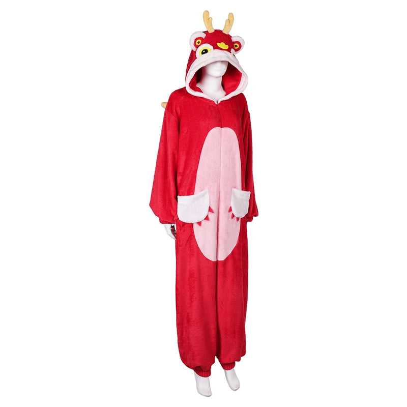 Adult Zodiac Dragon Cosplay Warm Flannel Nightwear Chinese Spring Festival Disguise Women Men Winter Pajamas Homewear Costume