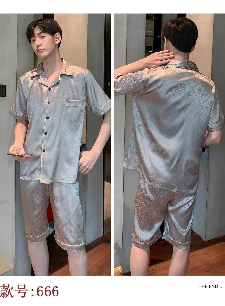Pajamas Men Summer Short Sleeved Ice Silk Thin Breathable Homewear Set Male Sleep Cloth Suit Gentlemen Satin Nightwear Youth Boy