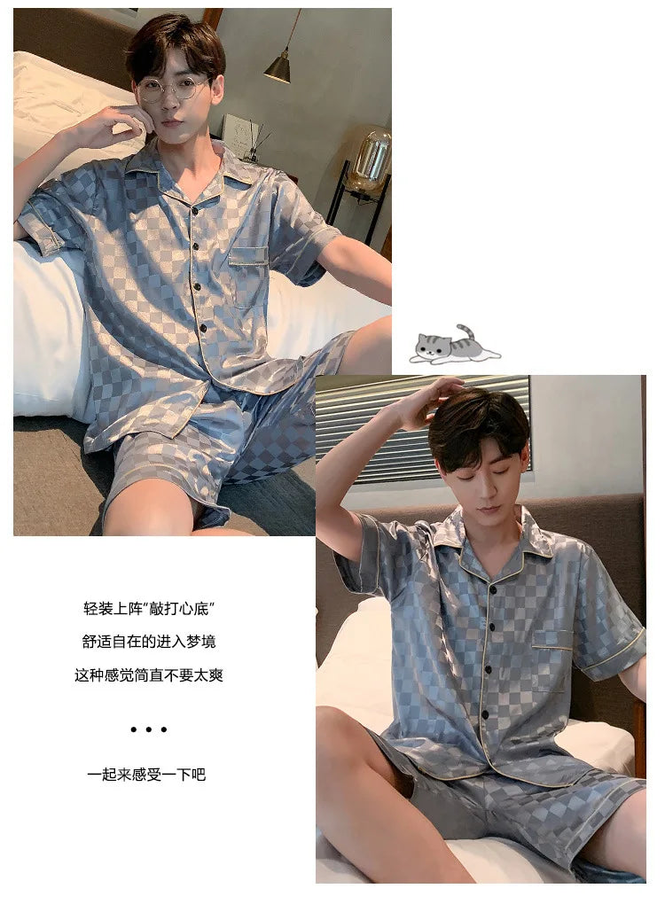 Pajamas Men Summer Short Sleeved Ice Silk Thin Breathable Homewear Set Male Sleep Cloth Suit Gentlemen Satin Nightwear Youth Boy