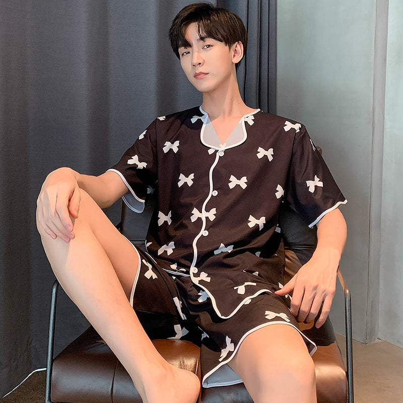 Pajamas Men Summer Short Sleeved Ice Silk Thin Breathable Homewear Set Male Sleep Cloth Suit Gentlemen Satin Nightwear Youth Boy