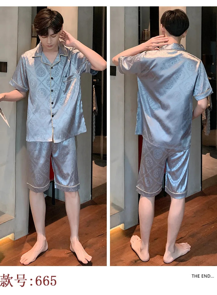 Pajamas Men Summer Short Sleeved Ice Silk Thin Breathable Homewear Set Male Sleep Cloth Suit Gentlemen Satin Nightwear Youth Boy